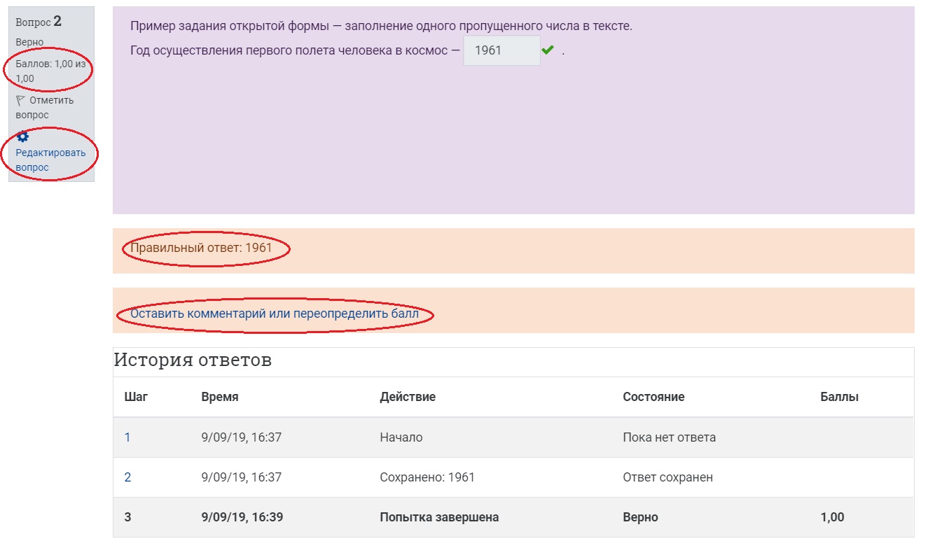 Далее на странице просмотра попытки можно выполнить ряд других действий